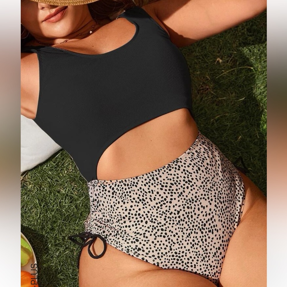 Brand New Shein Plus Dalmatian Print Cut Out Drawstring Side One Piece Suit